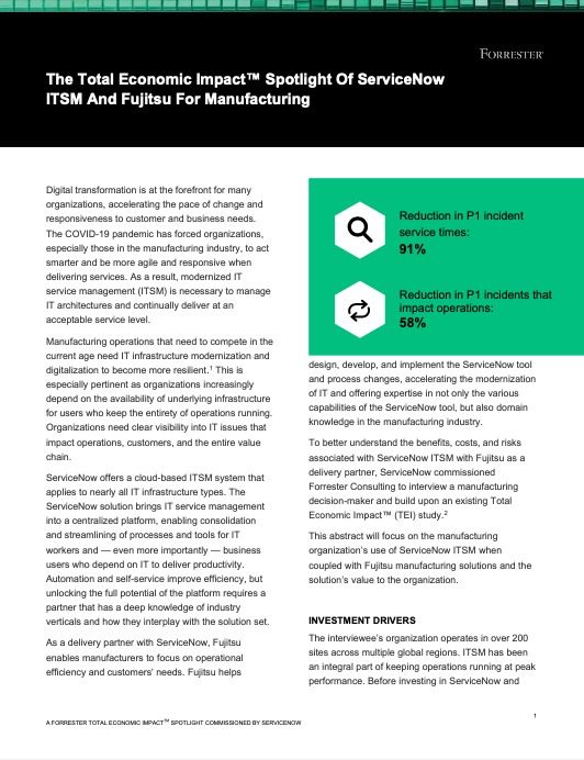 The Total Economic Impact™ Spotlight Of ServiceNow ITSM And Fujitsu For Manufacturing